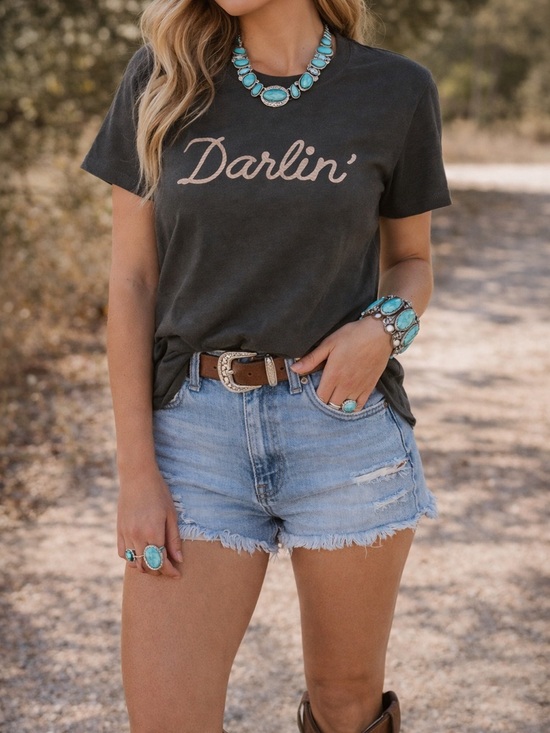 None Tops - WESTERN Graphic Print Darlin' Black Crewneck Short Sleeved Tee Shirt Size Medium